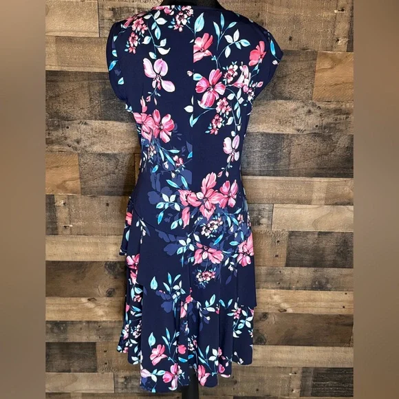 Robbie Bee Women's Navy Blue Pink Floral V Neck Dress Ruffled Size L AB 531 - Picture 5 of 7